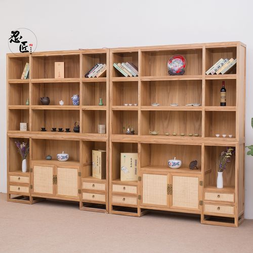 老榆木茶叶展示柜新中式陈列柜实木展示架陶瓷茶具精品带射灯展柜