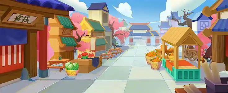 卡通风格渐变室外古风古代集市场景图片素材