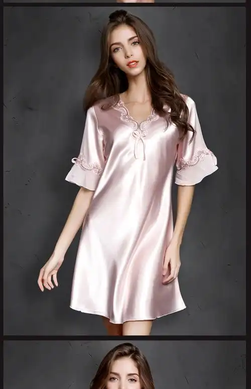 睡衣女夏纺真丝短袖韩版性感蕾丝绸春秋季大码薄款冰丝睡裙家居服_爱