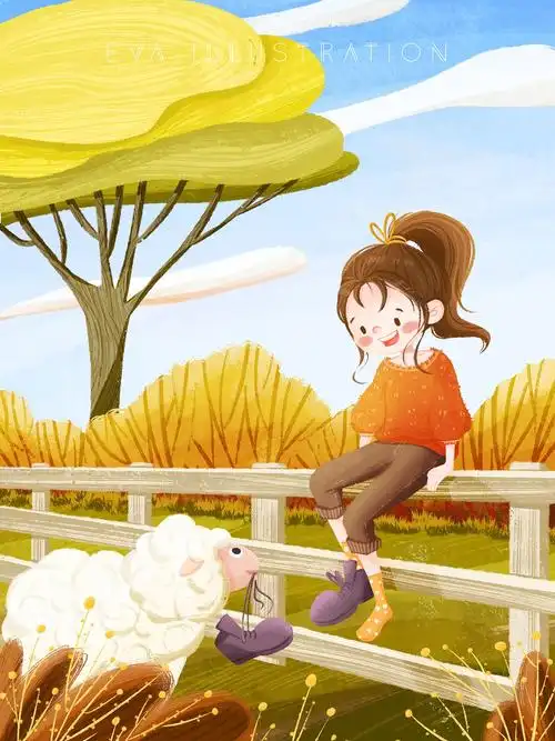 秋天九图扁平肌理风人物风景插画