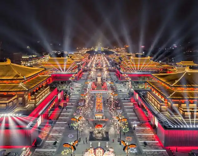 长安街的繁荣场景,画面需有西安市古钟楼以及大唐不夜城大唐盛世的