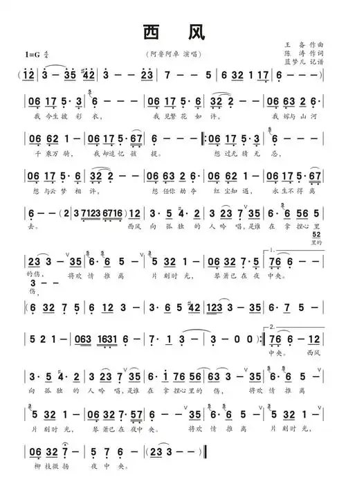 《西风》歌词歌谱-明明简谱网