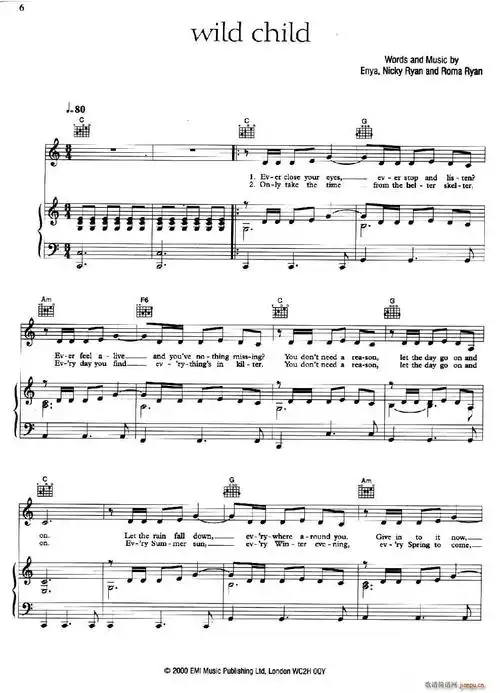 wild child (野孩子) 恩雅 歌谱简谱网