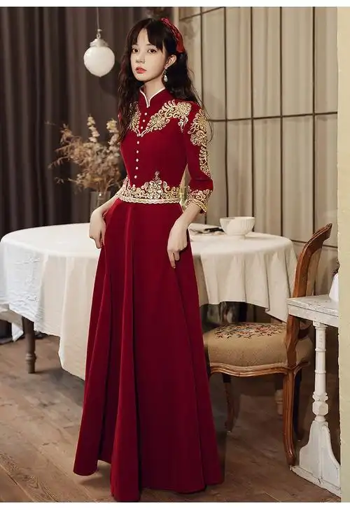 舒弗星敬酒服新娘中式旗袍订婚结婚小礼服秀禾连衣裙女夏秋冬季酒红色