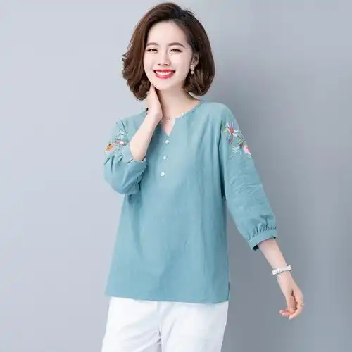 棉麻上衣女宽松大码女装新款七分袖衬衣刺绣v领衬衫女时尚打底衫