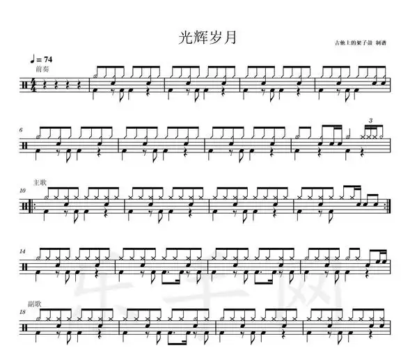 beyond乐队-光辉岁月架子鼓谱 吉他上的架子鼓制谱
