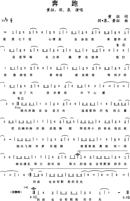 奔跑(羽泉)简谱该歌谱演奏者为羽泉,歌曲名称为奔跑,歌谱类型为简谱.