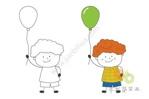 一群小朋友拿着气球的简笔画