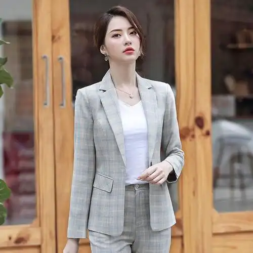 2020春秋季格子小西装外套女新款韩版修身时尚职业装套装休闲西服