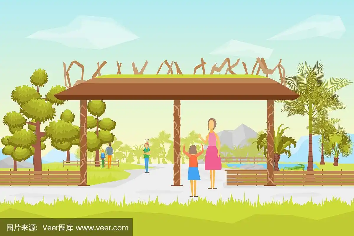 卡通入口公园全景背景卡.向量