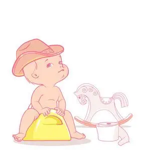 可爱的小女孩在小便.孩子戴牛仔帽.马摇椅.