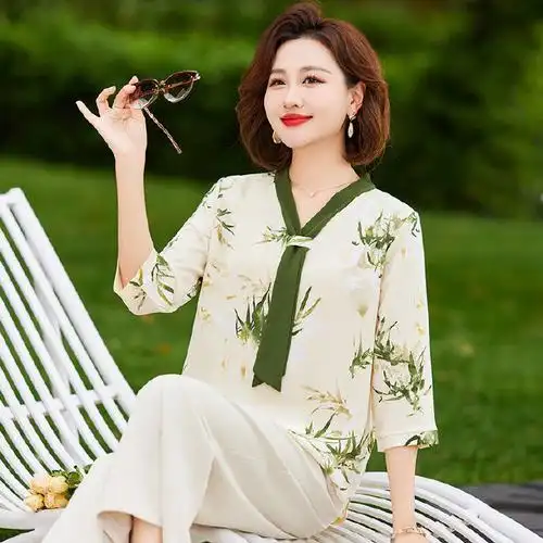 暮恋慈中年妈妈夏季时尚t恤2024新款中老年女夏装短袖薄款小衫洋气