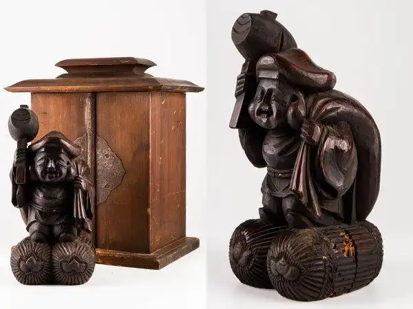 美术品 七福神 木雕 一刀雕大黒天置物 厨子入