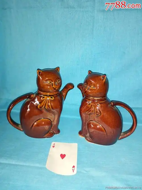 酱釉瓷猫壶一对