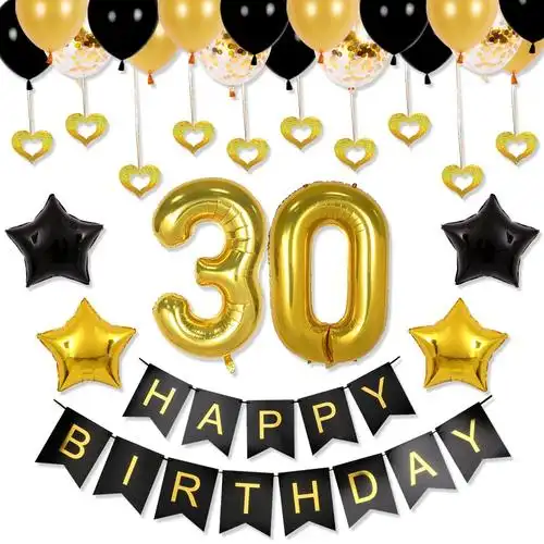 气球背景,生日快乐横幅,30 岁黑色和金色,生日快乐气球,数字气球