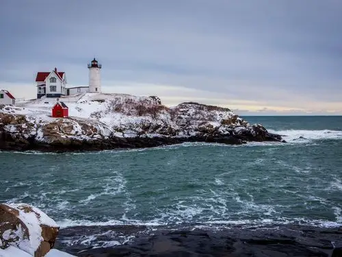 sea, snow, winter, coast, house, lighthouse 75