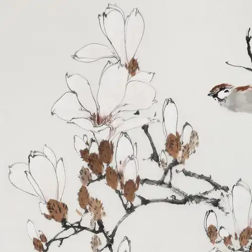 陈薪名《玉兰花开》国画玉兰花枝头麻雀图 - 花鸟画 - 99字画网