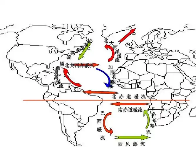 西 洋 暖 流 加 那 利 寒 流 北 赤 道 暖 流 巴 西 暖 流 南赤道暖流