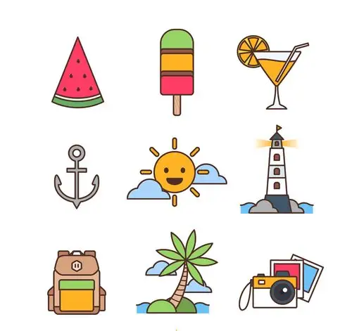 9款彩色夏季度假元素图标矢量图