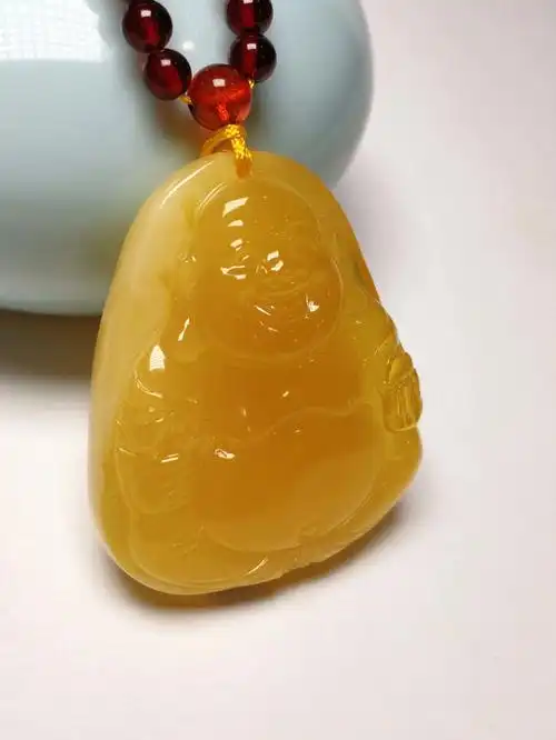 纯天然原矿蜜蜡笑佛吊坠