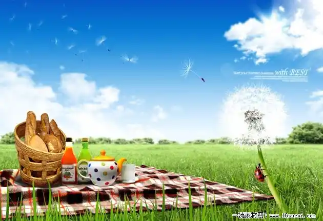 关键词: 风景图片户外活动野餐桌布蒲公英食物调料瓶杯子茶壶psd素材