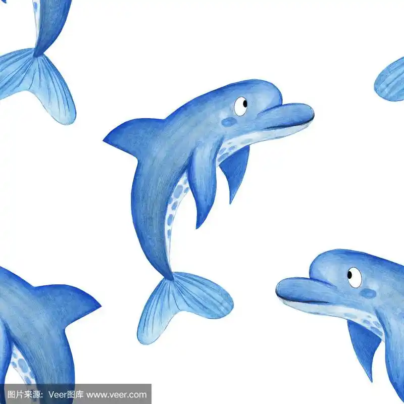 水彩海豚模式.手绘卡通背景设计海豚在白色的背景.