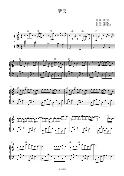晴天,晴天钢琴谱,晴天c调钢琴谱,晴天钢琴谱大全,虫虫钢琴谱下载-www.