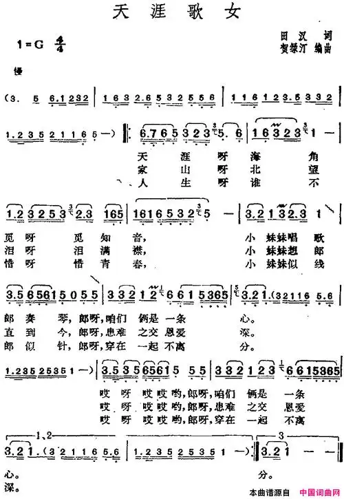 邓丽君演唱金曲:天涯歌女简谱1