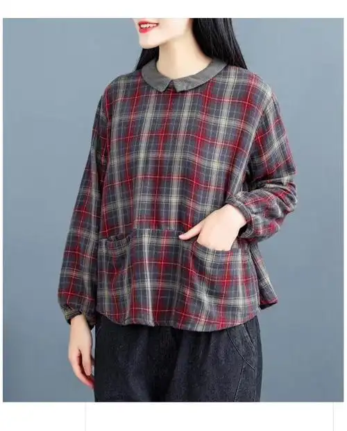 棉麻t恤女长袖娃娃领文艺复古格纹衬衫村衫寸衫春秋装新款大码宽松