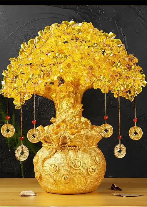 黄水晶发财树招财葫芦摇钱树聚宝盆办公室酒柜装饰品摆件开业礼品