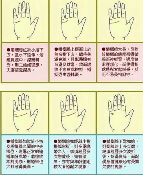 在婚姻线上出现一条条小指纹,并非由婚姻线分叉出来的,是具有一种独立