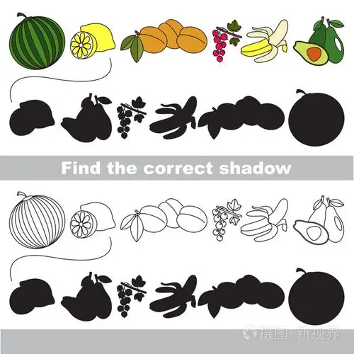 一组成熟的水果. 找到正确的影子.