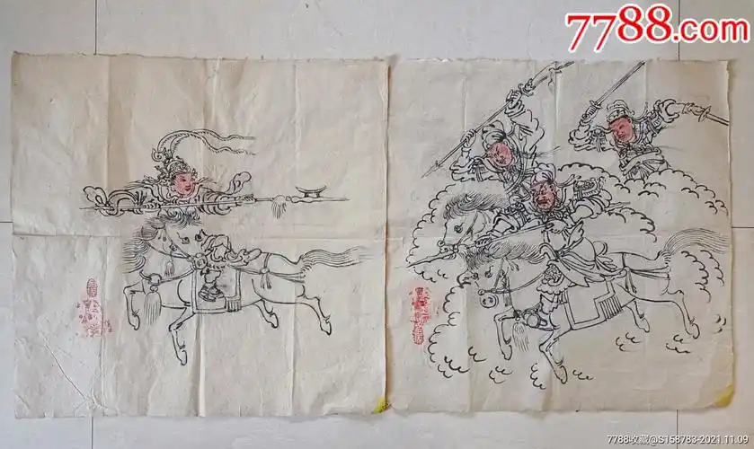 清代白描三国故事三英战吕布