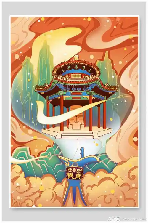 复古国潮风建筑插画素材