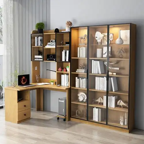 实木转角书桌书柜一体桌书架组合角落电脑桌台式写字桌家用小户型