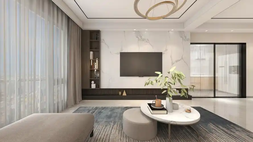 电视背景墙考虑悬浮式背景墙,深色系柜体简洁大理石装饰面,清爽大方