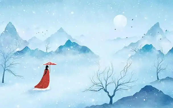 唯美冬天插画手绘冬日风景古风雪景山水意境雪天背景