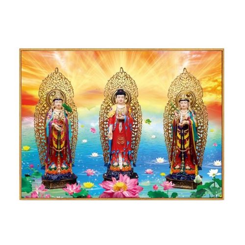 西方三圣神像画高清西方三圣挂画像带框横版结缘挂画供奉佛像定做