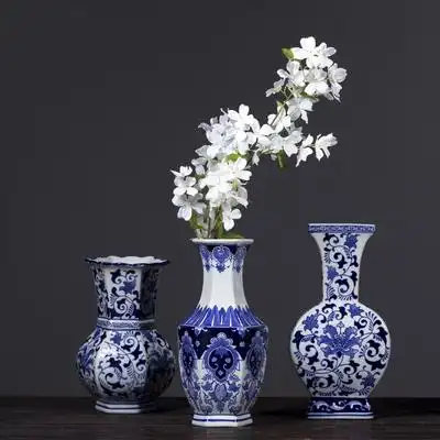 青花瓷摆件电视柜客厅麦穗干花插花仿真鲜花水养小口花瓶