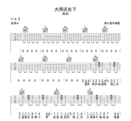大雨还在下吉他谱 _高夫_g调原版六线谱_吉他弹唱谱1