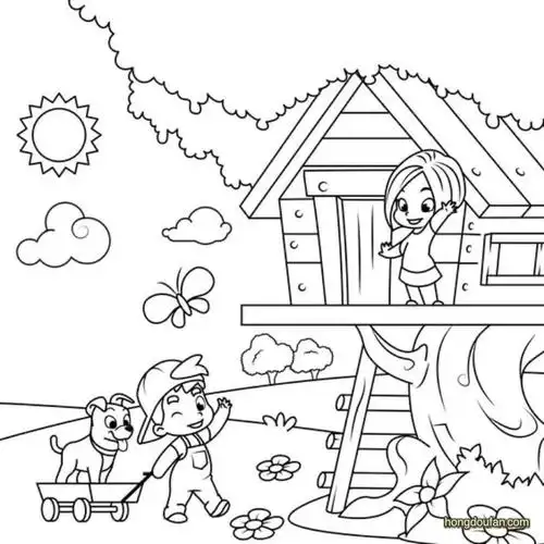 树屋上的小女生和树下的小男生填色图片大全-红豆饭小学生简笔画大全