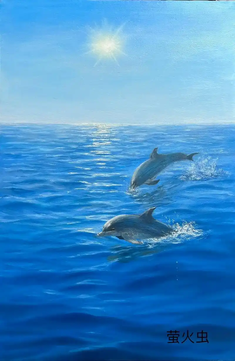 蓝色治愈系大海与海豚,纯手绘油画 #油画 #治愈系风景 #一 - 抖音