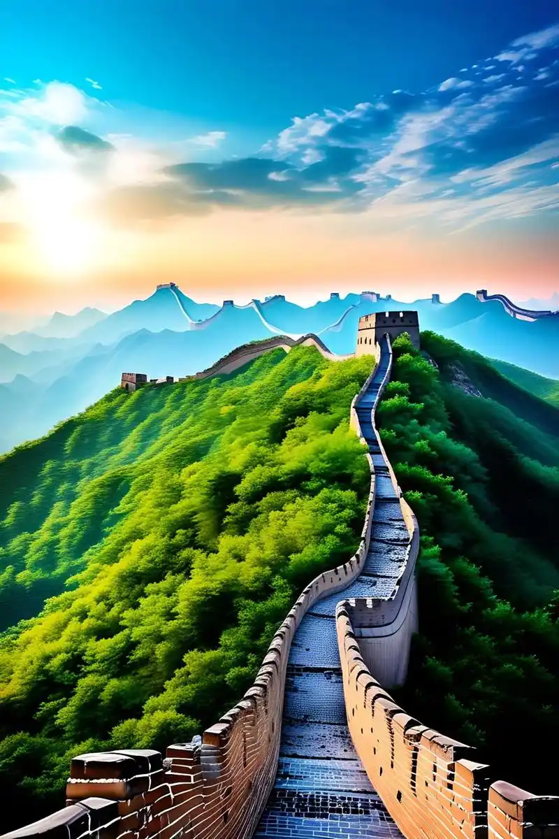 清晨曙光温柔唤醒万里长城,晨光轻拂,天穹渐染蓝金之色.光柱穿透云海