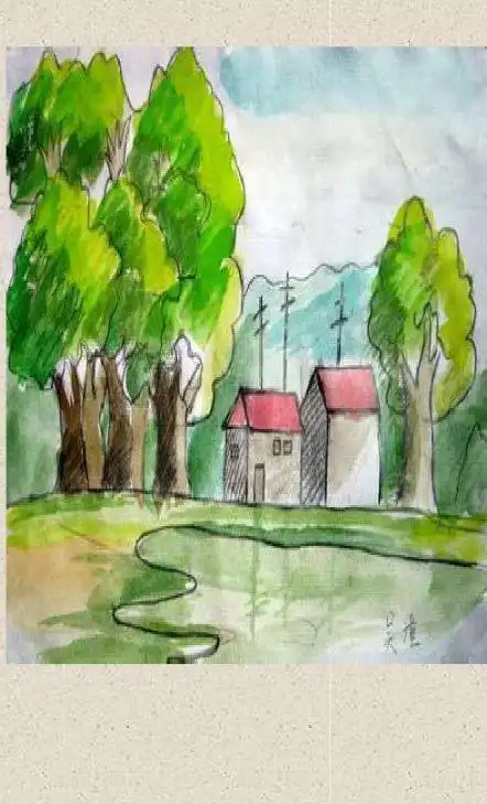 2,铅笔淡彩风景画