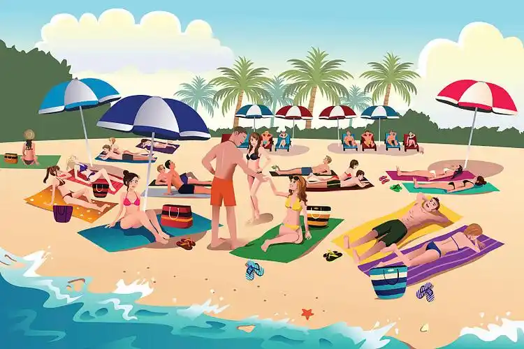 人们在海滩上晒日光浴插画