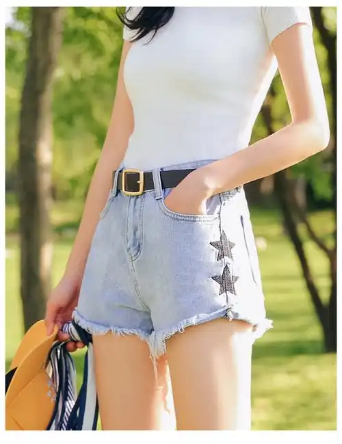 实拍牛仔短裤新款韩版百搭高腰显瘦五角星刺绣水洗短裤58821