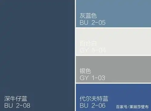 色卡:深牛仔蓝 灰蓝色 百合白 银色 代尔夫特蓝 这是个清新而平静的蓝