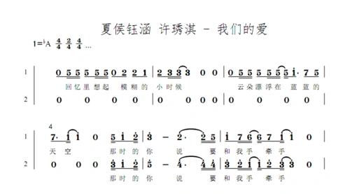 fir飞儿乐队 夏侯钰涵 许琇淇 - 我们的爱 纯音乐伴奏 合唱简谱五线谱