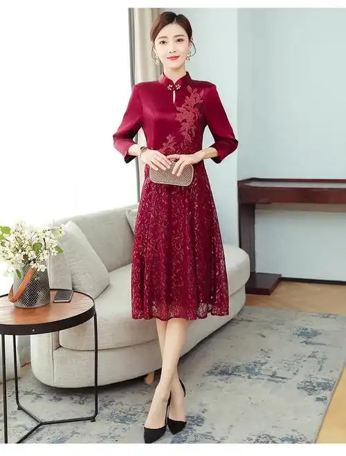 旗袍原创新款唐装中国风女装喜婆婆婚宴装婚礼妈妈礼服洋气红色短袖m