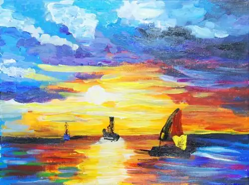 《海边落日》 作者姓名: 赵恩绮 作者年龄:8岁 作品类别: 水粉画 奖